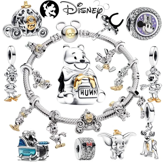 925 Silver Potdemie Disney 100th Anniversary Dumbo Mickey Mouse Winnie Bear Winnie Charm Pendant Suitable for Pandora Bracelets